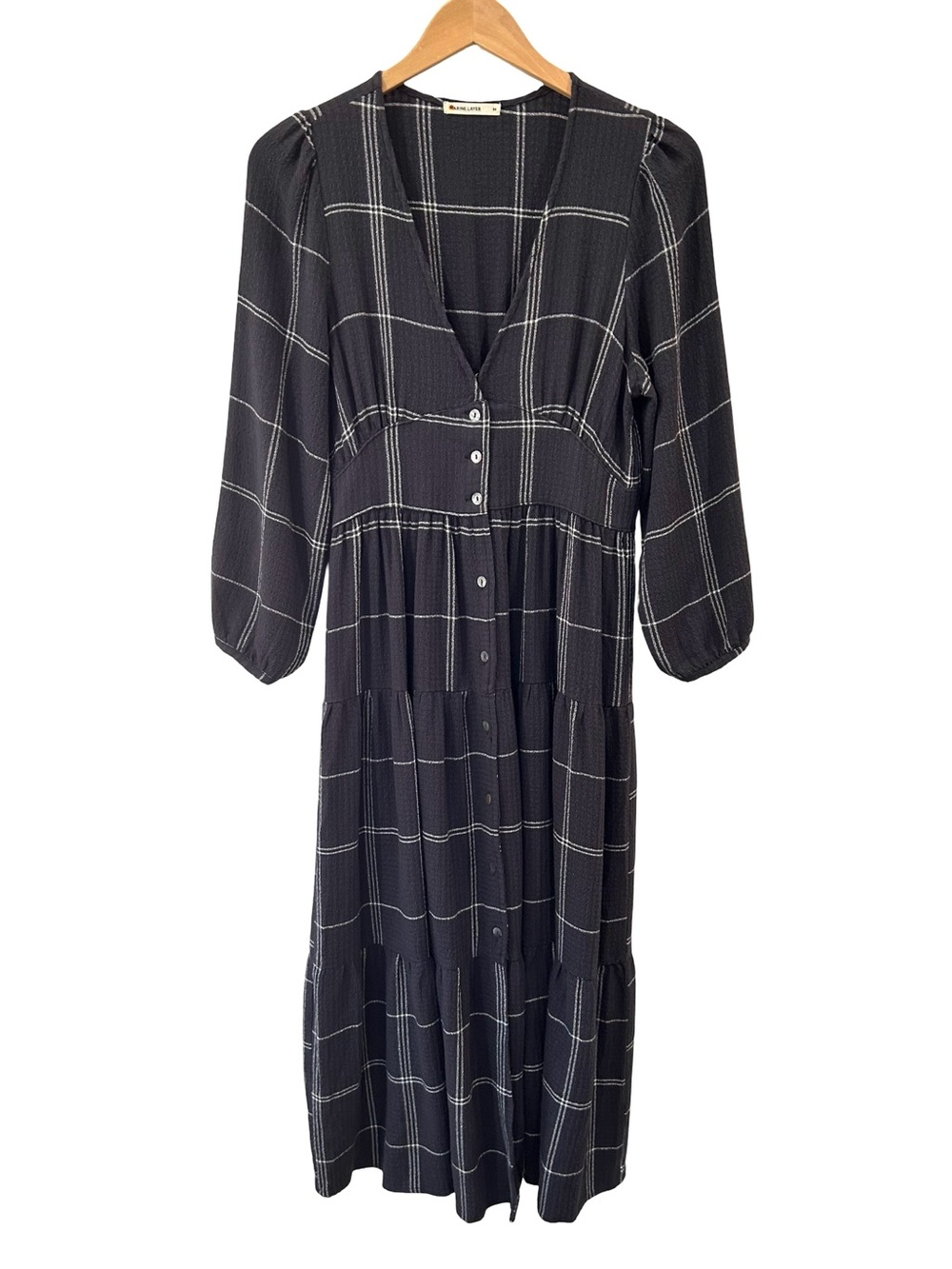 Marine Layer Maeve Midi Maxi Dress M Gray Windowpane Boho Prairie tiered